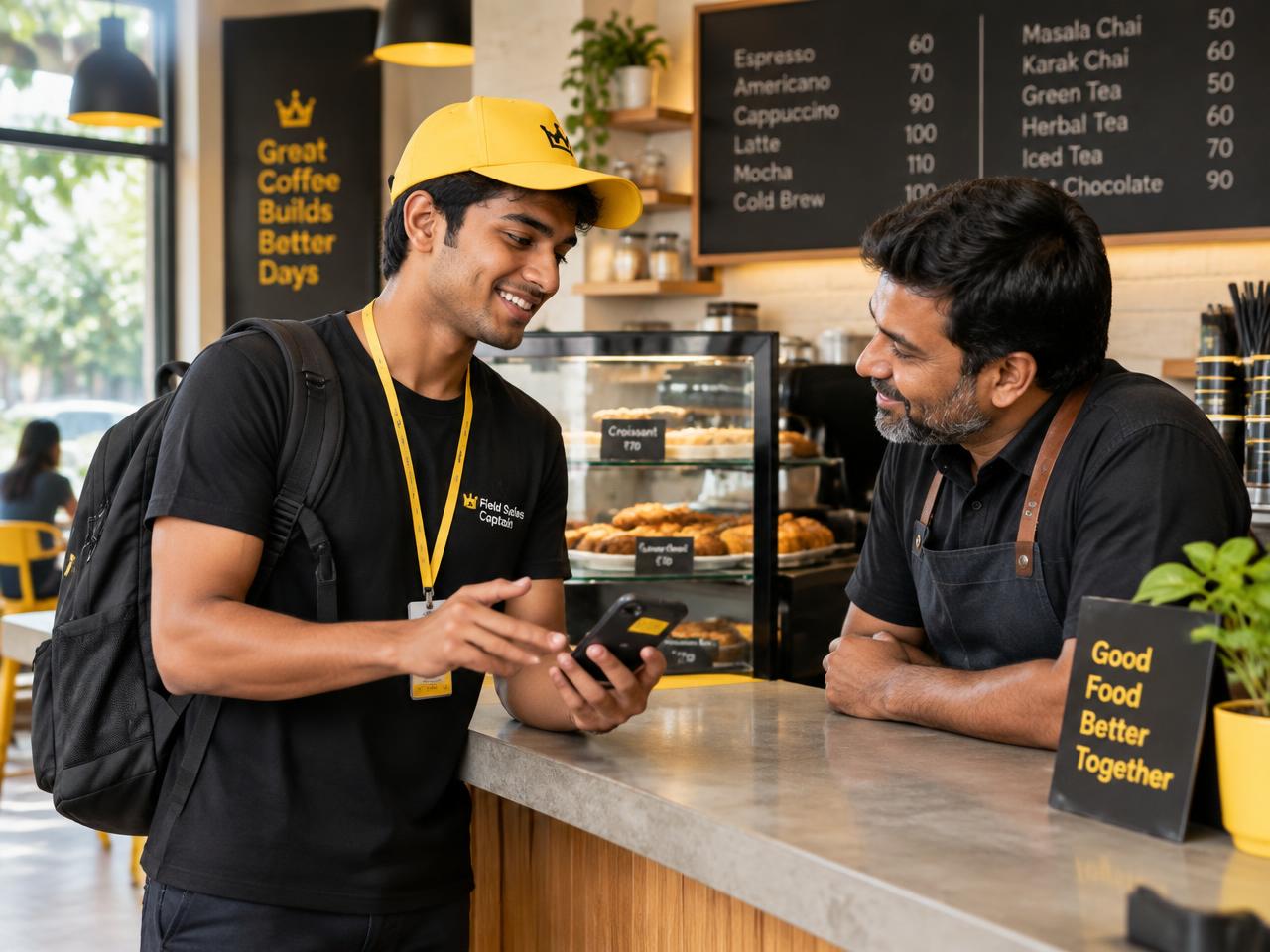 Taap Master Captain showing a café owner the Taap menu